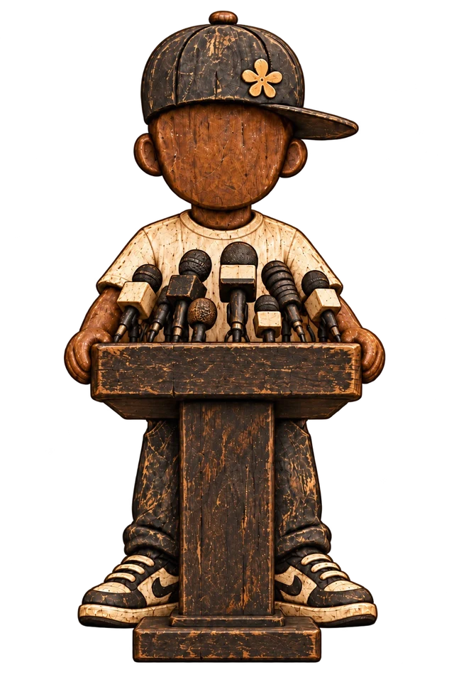 A carved wooden figure in a cap and sneakers standing behind a podium crowded with microphones
