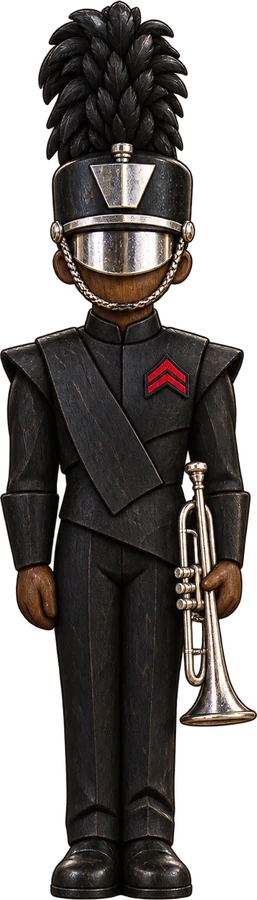 A carved wooden figure in a black drum corps uniform with a tall plume, a silver visor and a trumpet