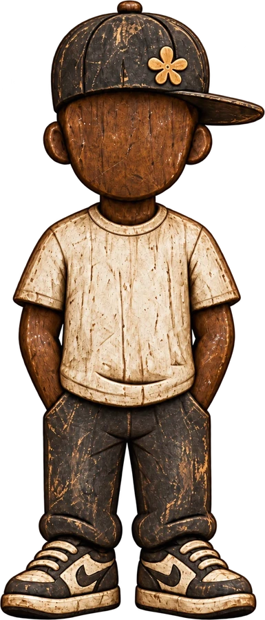 A carved wooden figure in a flower-patch cap and cream tee, hands in his pockets