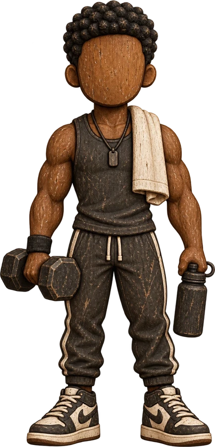 A carved wooden figure of a weightlifter holding a dumbbell and water bottle, a towel over his shoulder