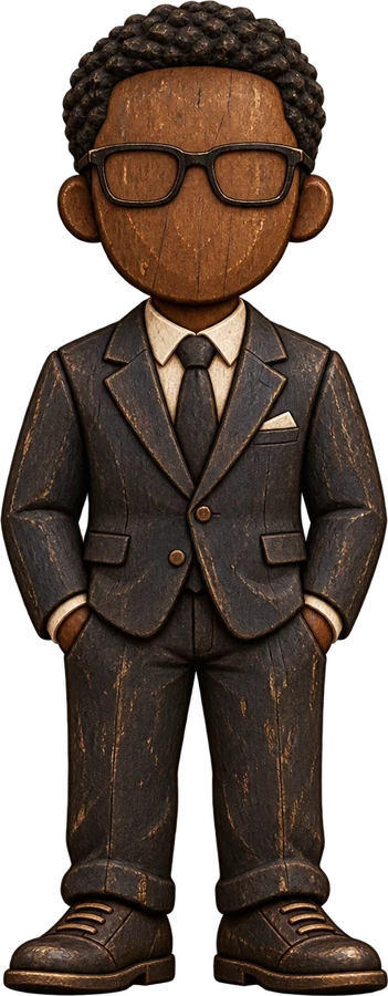 A carved wooden figure in a dark suit, tie and glasses, hands in his pockets
