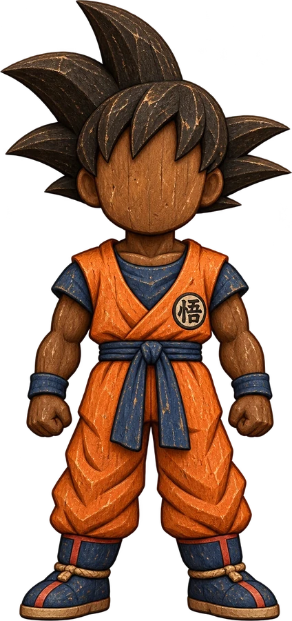 A carved wooden figure of an anime martial artist in an orange gi with spiked black hair
