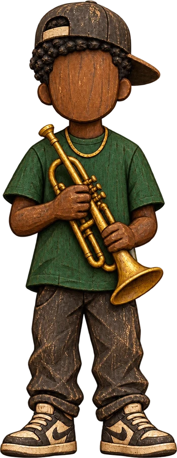 A carved wooden figure in a backwards cap and green tee, holding a gold trumpet