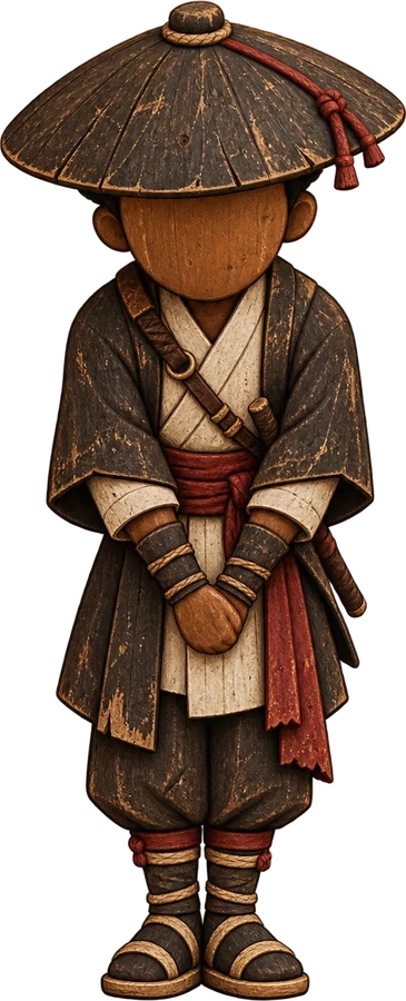 A carved wooden figure of a wandering swordsman in a straw hat and dark robes, hands folded, bowing