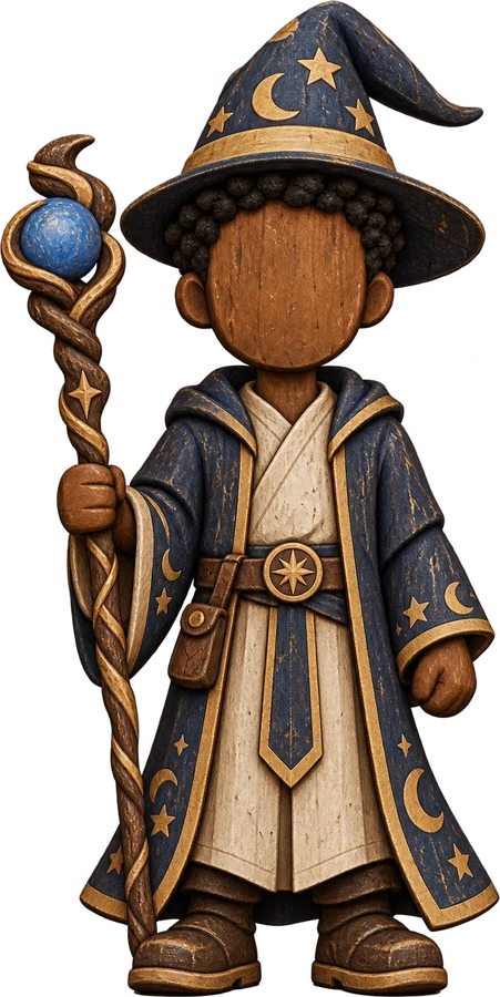 A carved wooden figure in a star-covered wizard hat and blue robe, holding a twisting staff topped with a blue orb