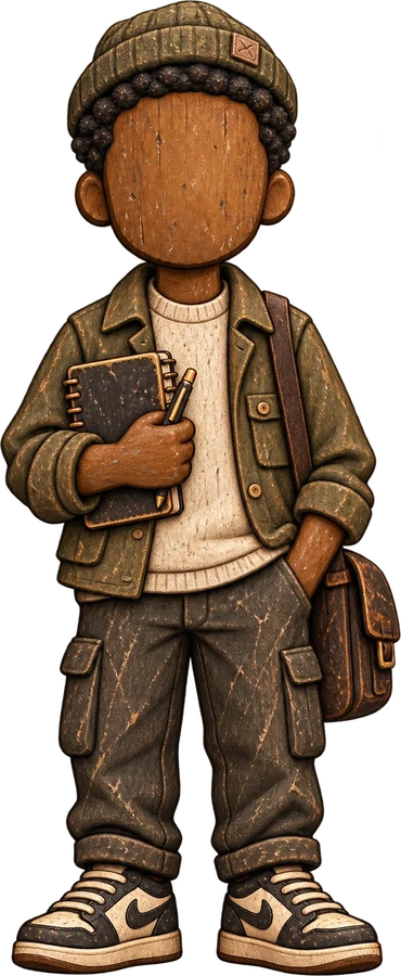 A carved wooden figure in a knit beanie and olive jacket, holding a notebook and pen, a leather bag over his shoulder