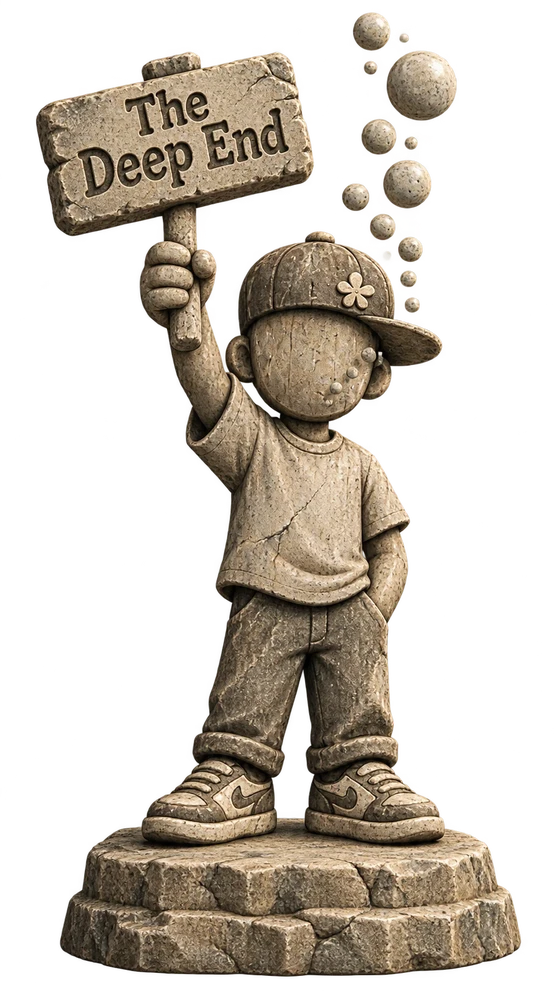 A stone statue of a boy in a cap holding up a sign that reads The Deep End, bubbles rising beside him