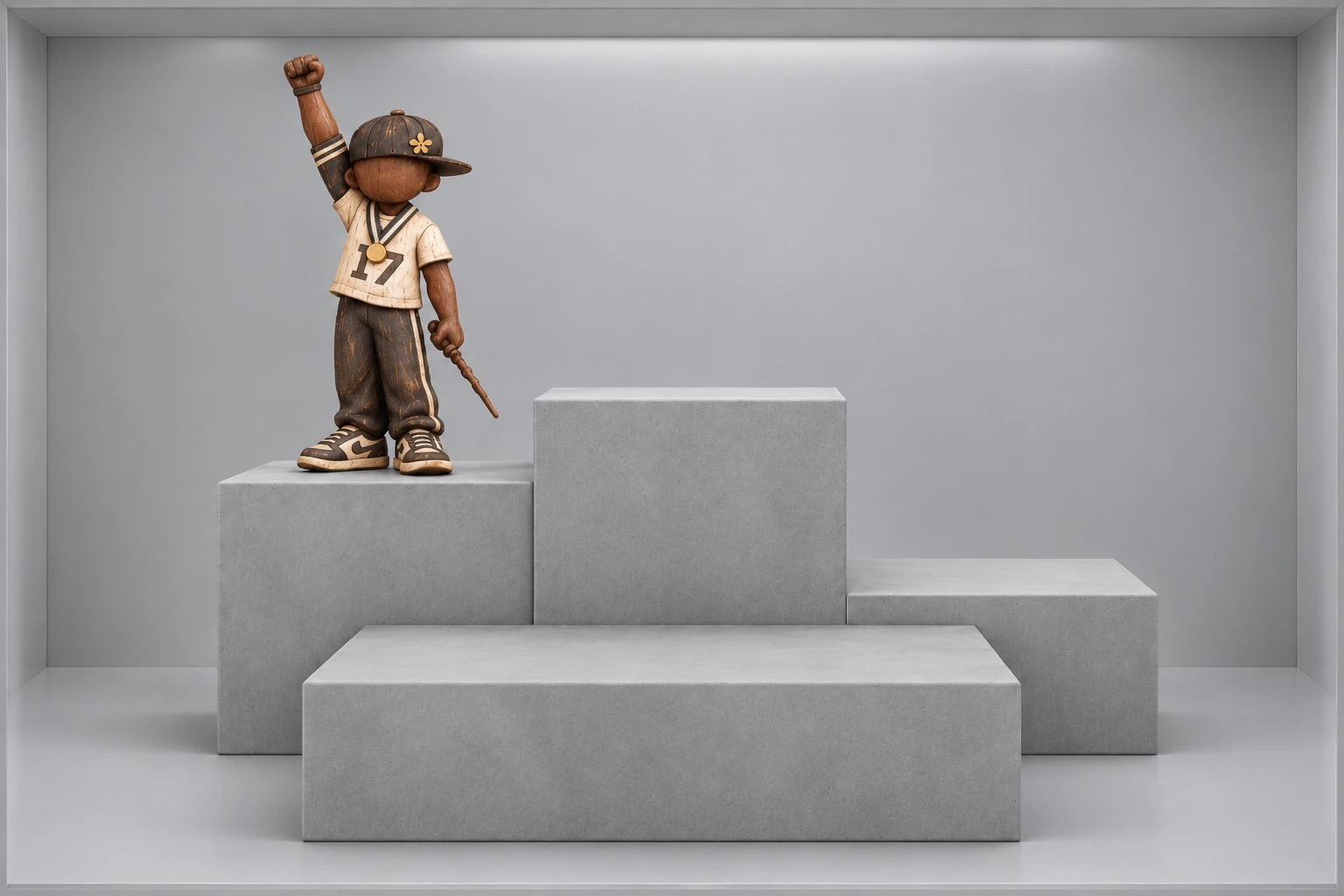 A small wooden figure with a raised fist stands on the left of three concrete pedestals in a gallery niche
