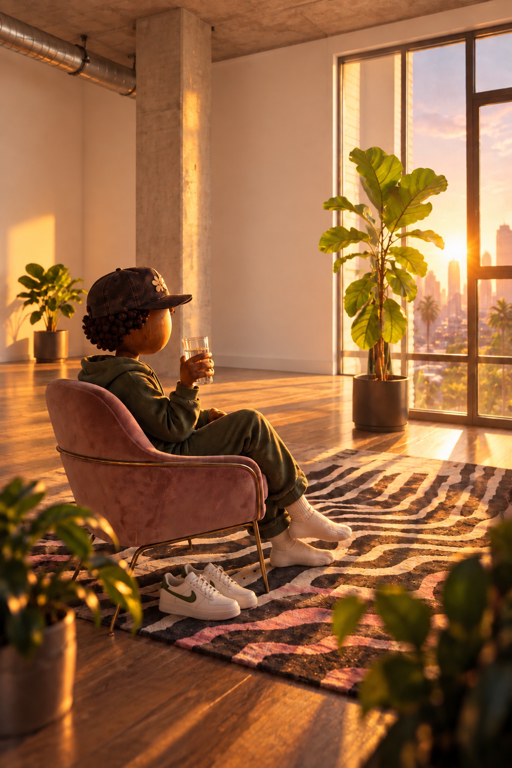 Art for Day One: A Sip of Water — a figure seated by a sunset window in an empty, sunlit apartment