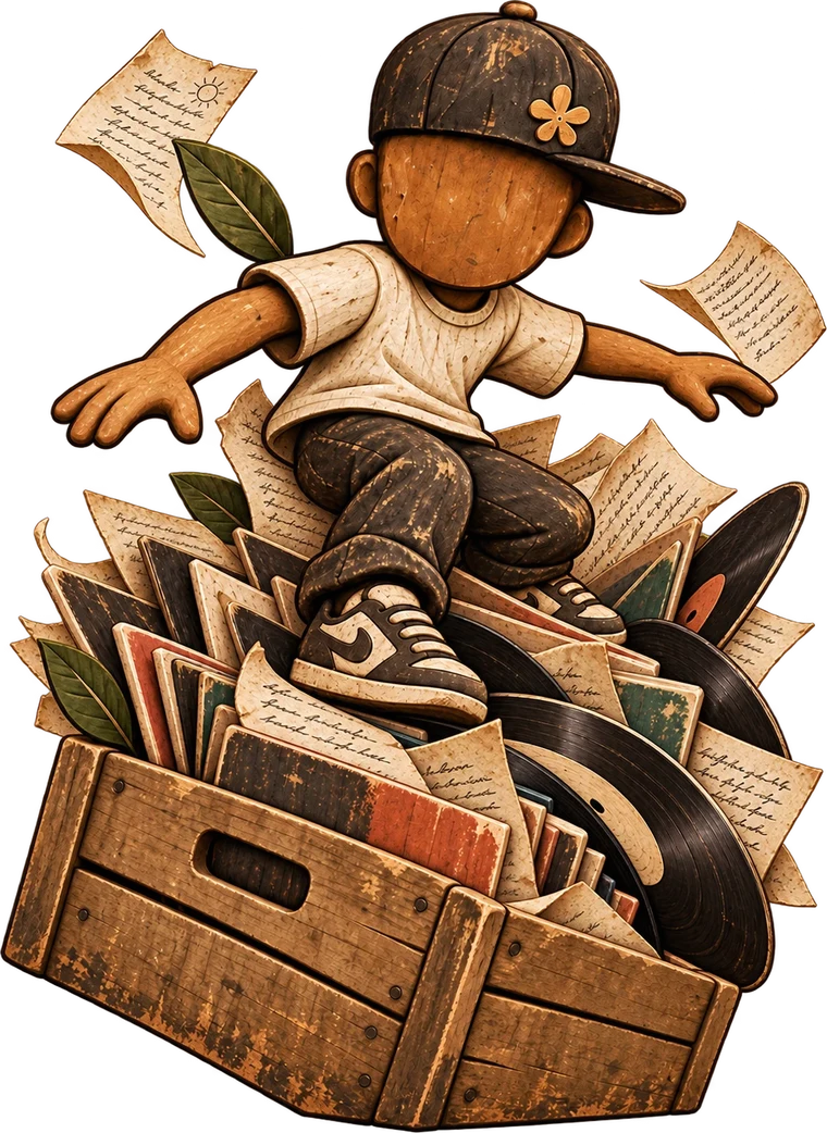 A wooden figure in a cap surfing a crate of records and handwritten pages