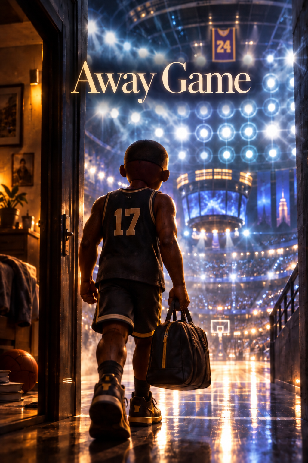 Poster-style art for Away Game: a boy in a basketball jersey walking a tunnel toward a packed, glowing arena