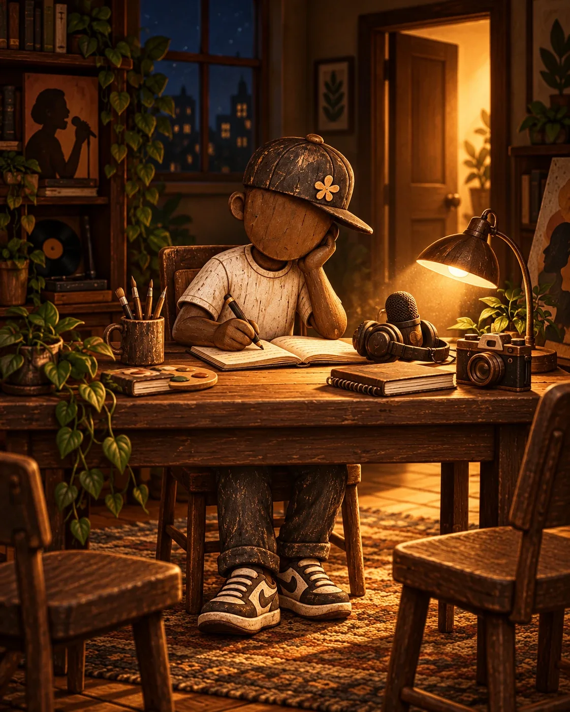Art for I Know Why the Blocked Writer Sings: a carved-wood figure in a cap writing in a notebook at a lamplit table, a microphone, headphones, camera, paints and brushes within reach, a night city in the window