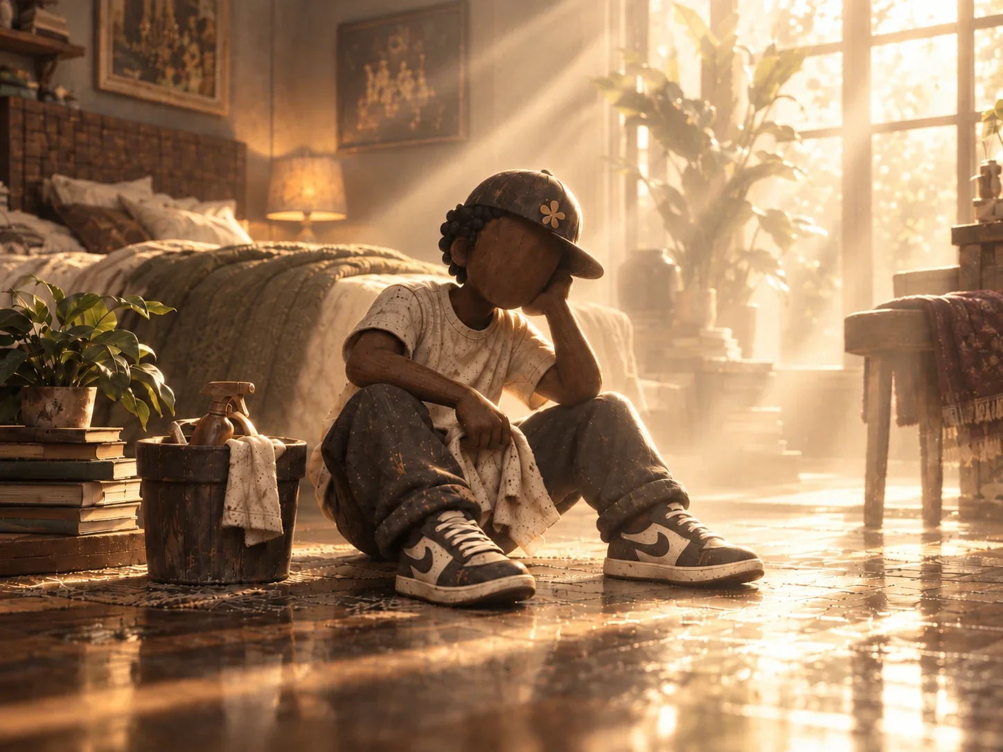 Art for Creature: a carved-wood figure in a flower-patch cap sits on a sunlit bedroom floor, chin in his hand, a cleaning bucket and a stack of books beside him