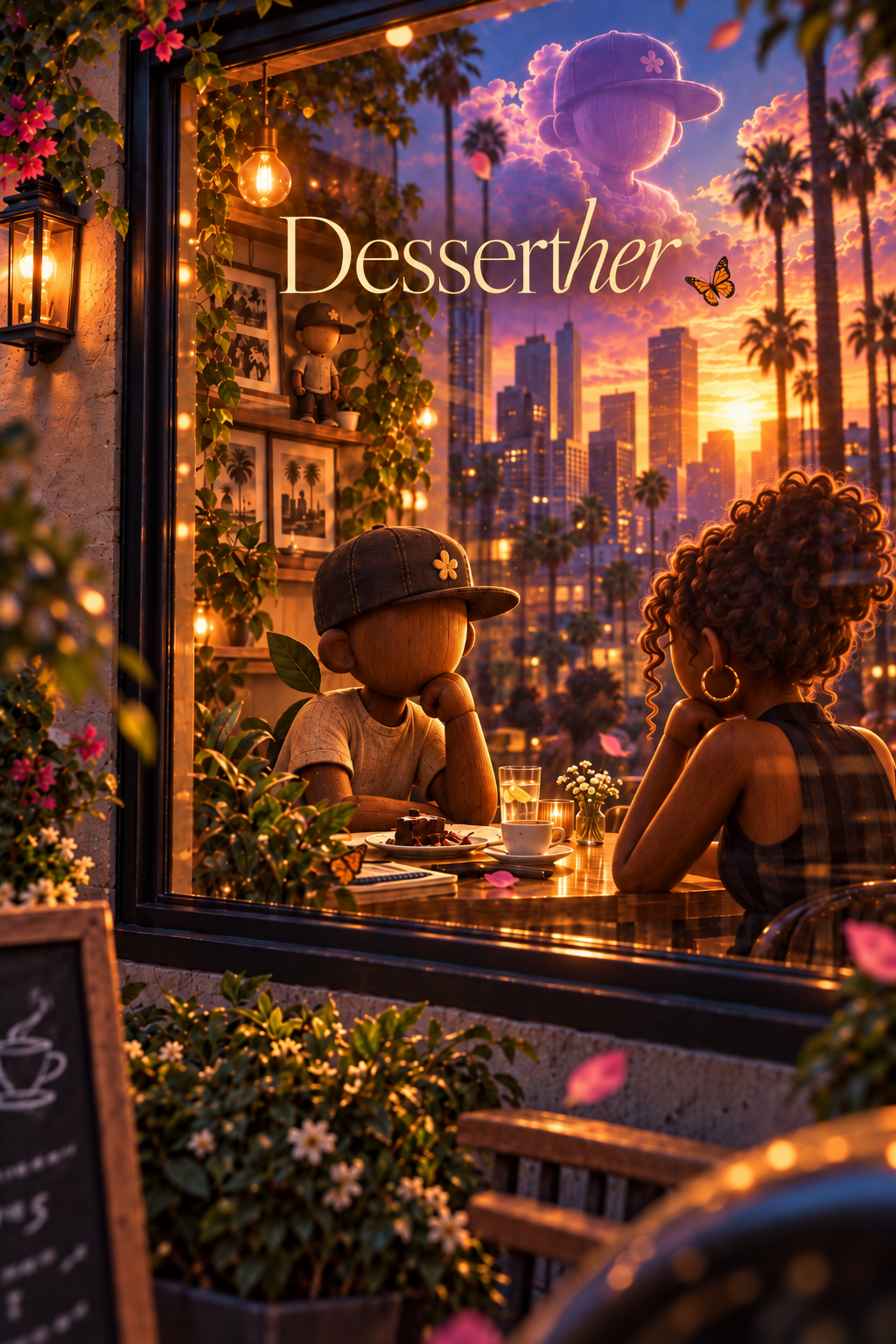 Poster-style art for Desserther: two figures at a cafe window at sunset over the city