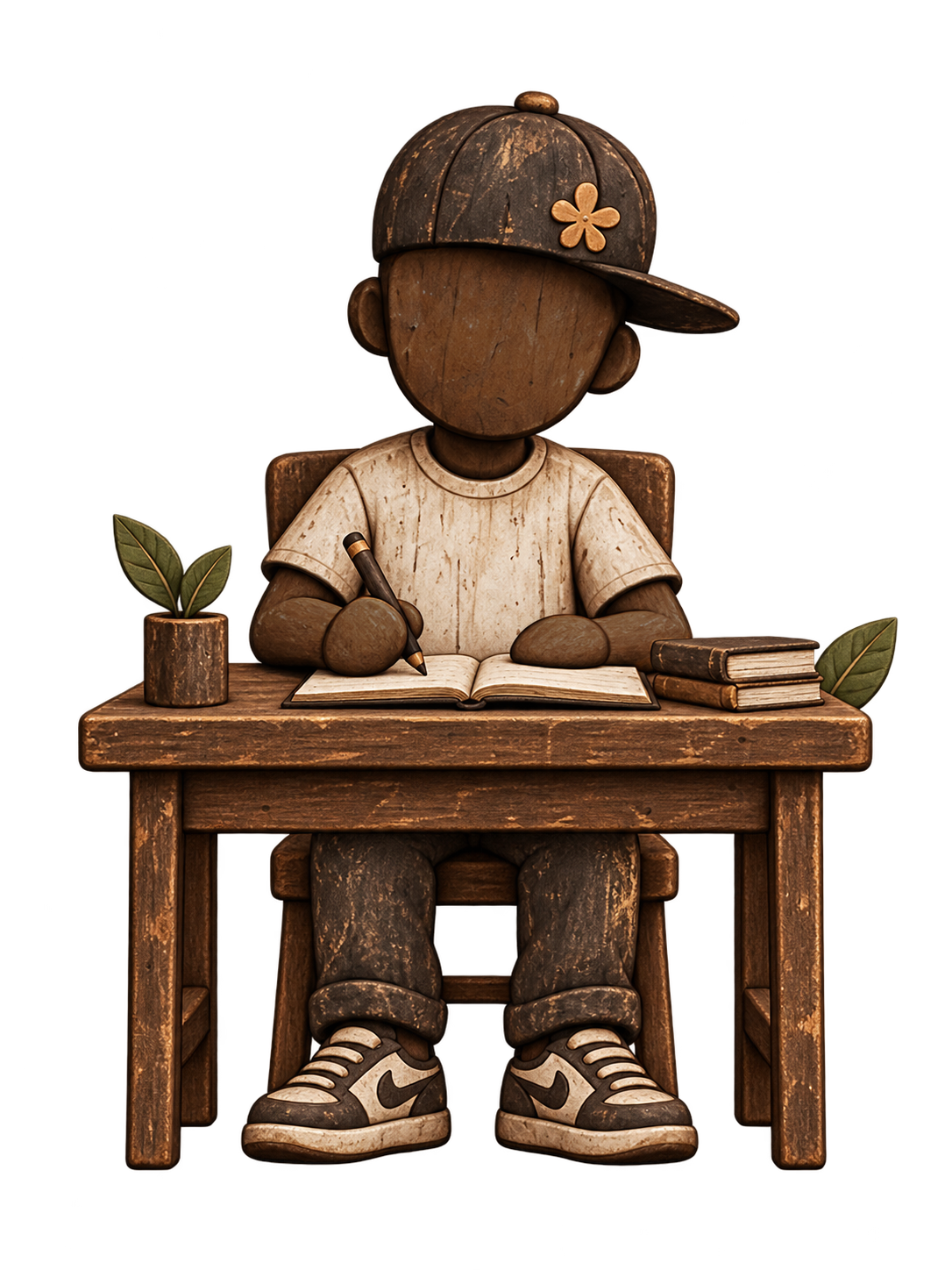 The Add the Accent character writing at a wooden desk, books and a small plant beside him