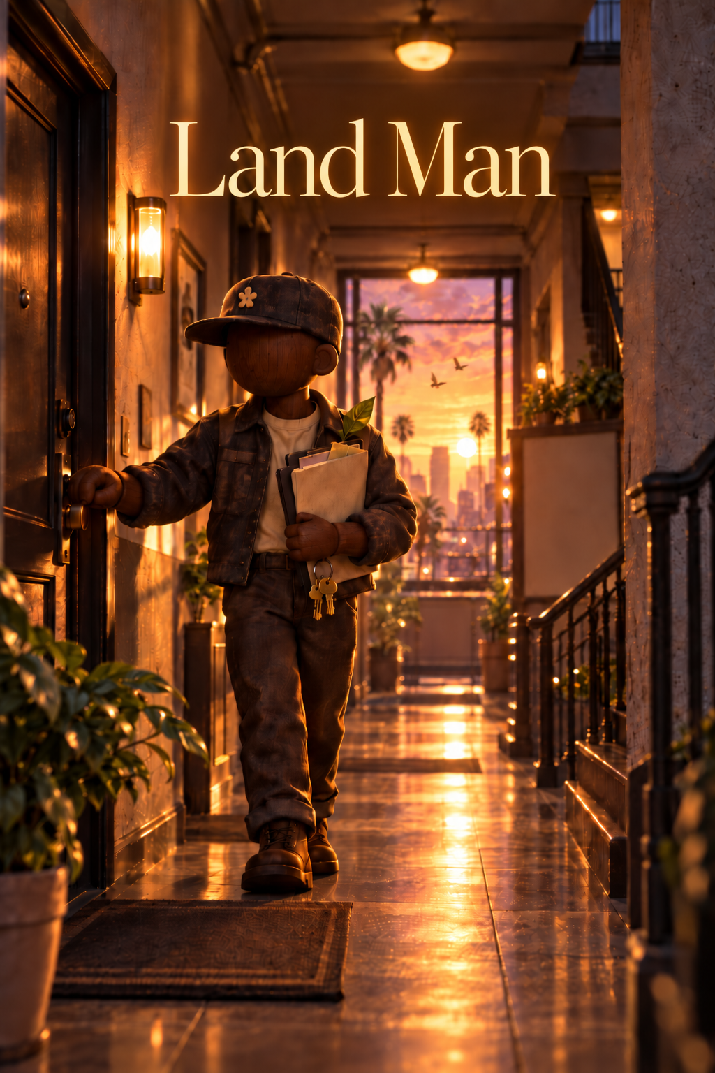 Poster-style art for Land Man: a figure walking a sunset-lit hallway, keys in hand