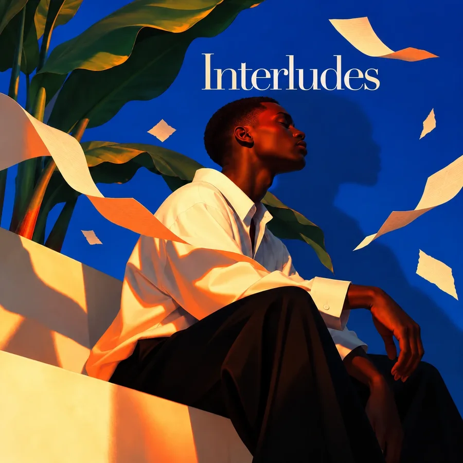 The Singles Collection — a man in a white shirt, eyes closed, loose pages drifting past a blue wall
