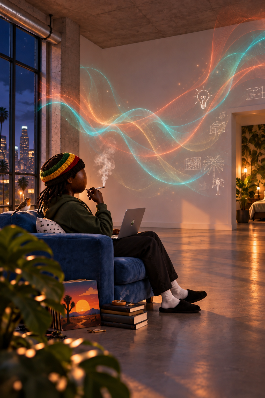 Art for Day Two: OG Bob Marley — a figure smoking on a couch as colorful design waves fill the wall