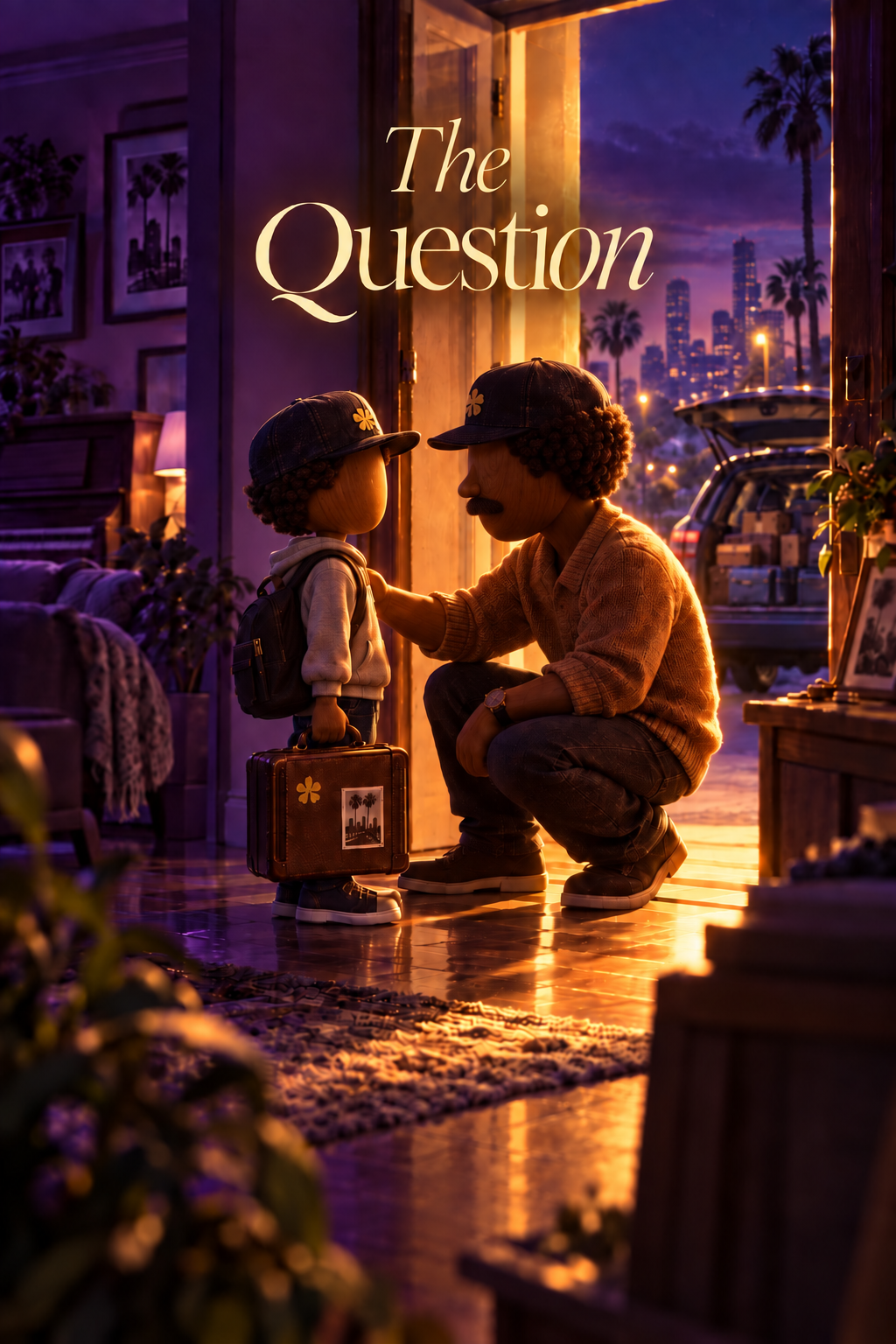 Poster-style art for The Question: a father kneeling to speak with his son at the open door, a packed car outside