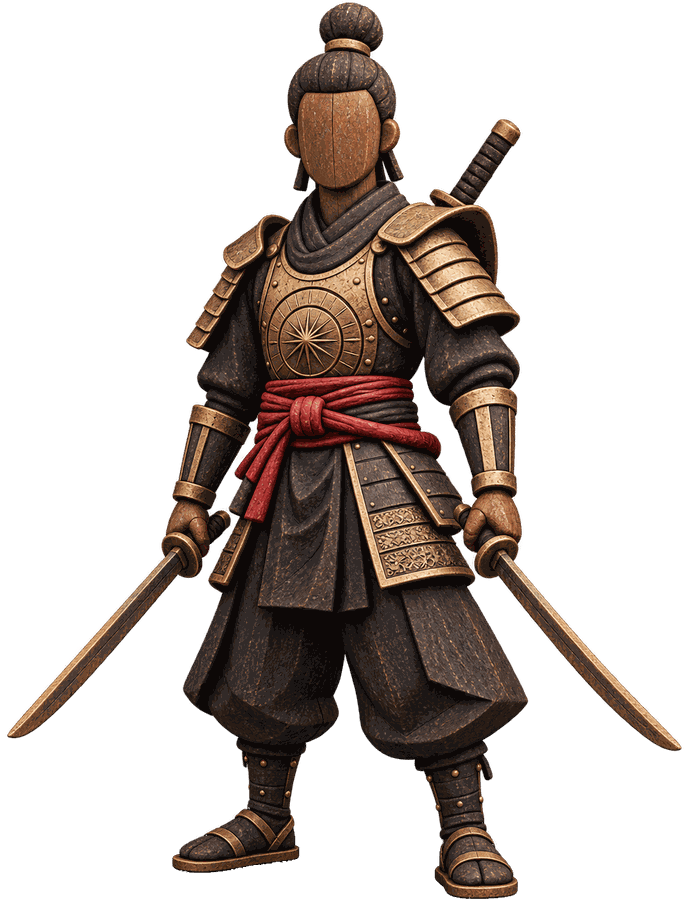 Kenji, a lone Afro-Japanese traveler in carved wood and gold armor, standing ready with a sheathed blade