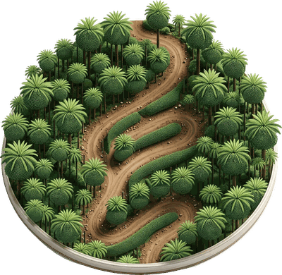 A hand-drawn map of a winding path through jungle island terrain